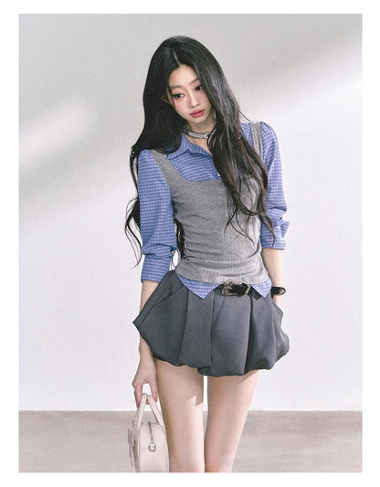 少也眼 “New York Press” Faux Two-Piece Plaid Shirt