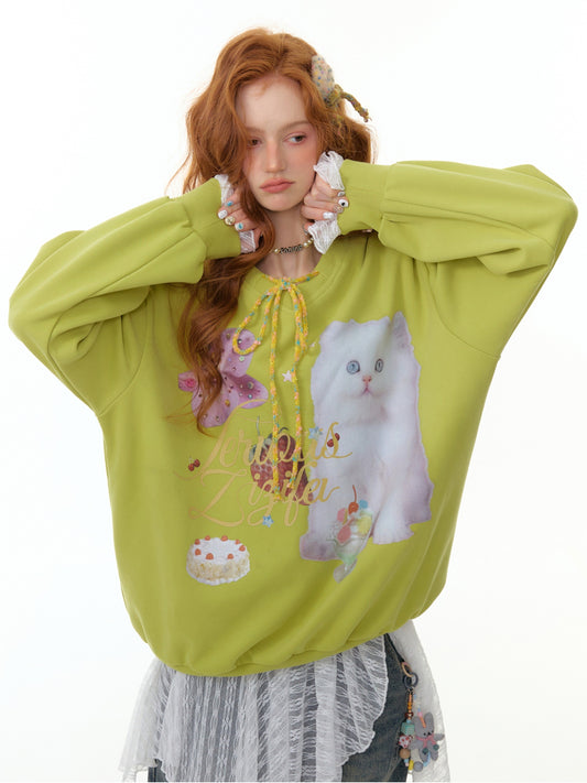 ZiziFei - Sweet Cat Print Sweatshirt – V-Neck with Ribbon & Embellished Bow