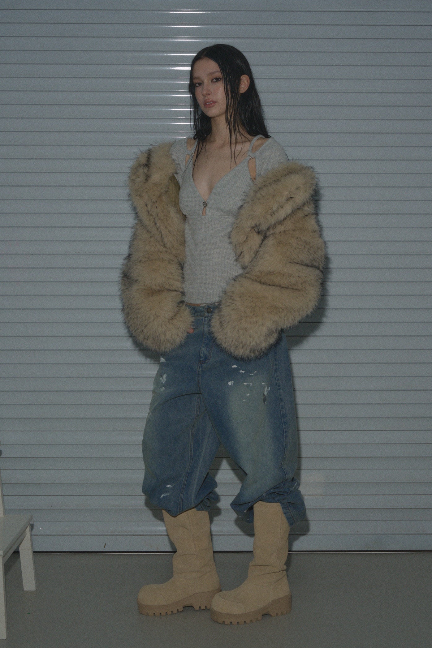 Muirgen - Y2K Tipped Faux Camel Hair Shawl Cropped Jacket
