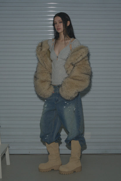 Muirgen - Y2K Tipped Faux Camel Hair Shawl Cropped Jacket
