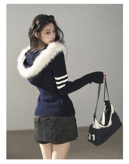 AOMALM - Blue Hooded Cable-Knit Sweater Jacket with White Stripes
