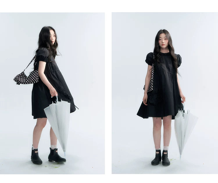 "Puff Doll Dress" Ruffle Trim Puff Sleeve Cotton A-Line Dress (White/ Black)