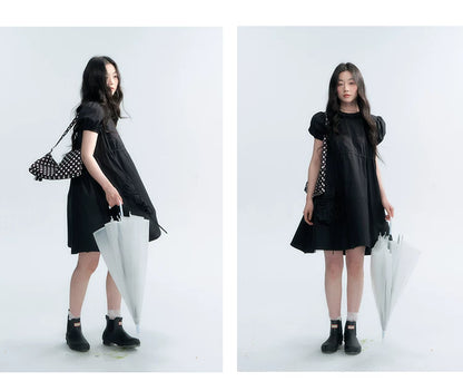 "Puff Doll Dress" Ruffle Trim Puff Sleeve Cotton A-Line Dress (White/ Black)