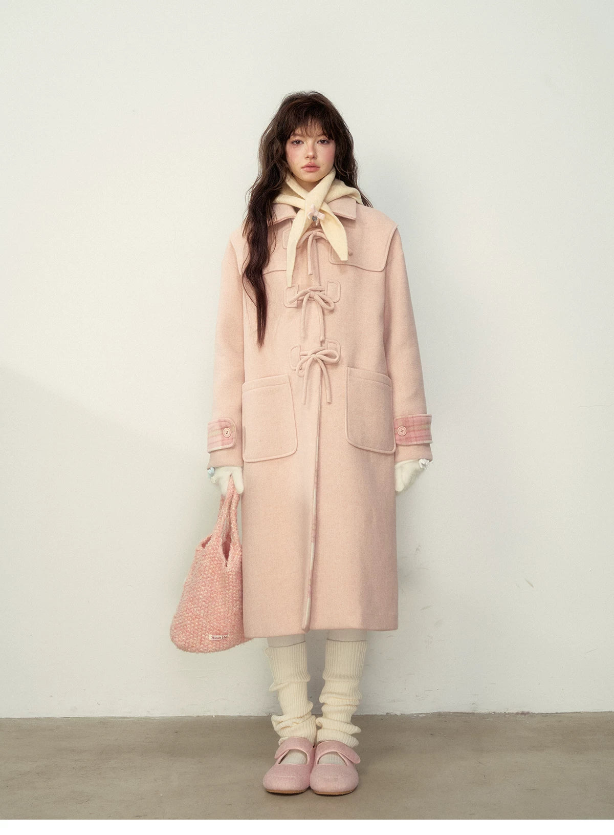 SunsetPark - Vintage Teddy Bear Bow Toggle Wool Coat (Blush Pink / Brown Bear)