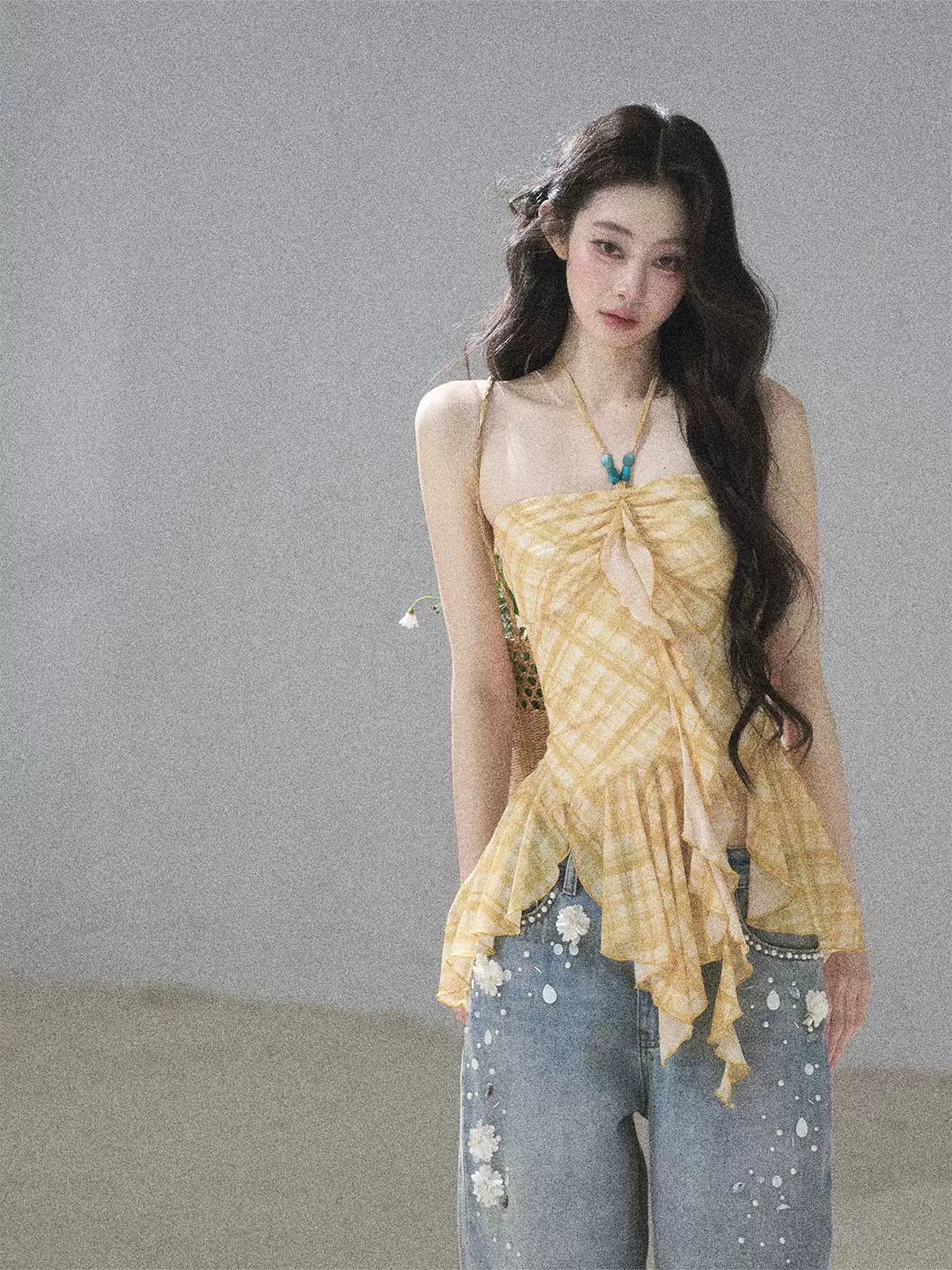 "Fields of Provence" Goose Yellow Halter Plaid Waist-Cinched Top