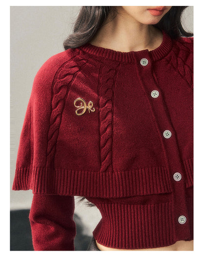 少也眼 "Miss Daisy" American Cable Knit Cape Sweater in Falu Red