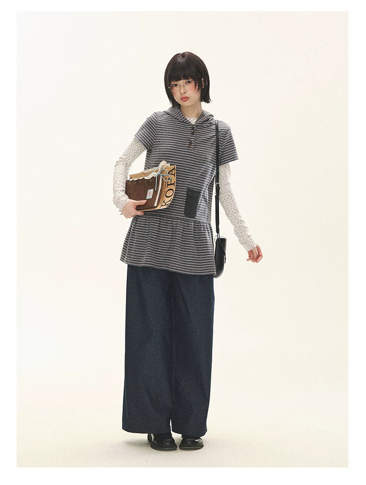 "Seoul Diary" Gray & Pink Stripe Hooded Knit Mini Dress