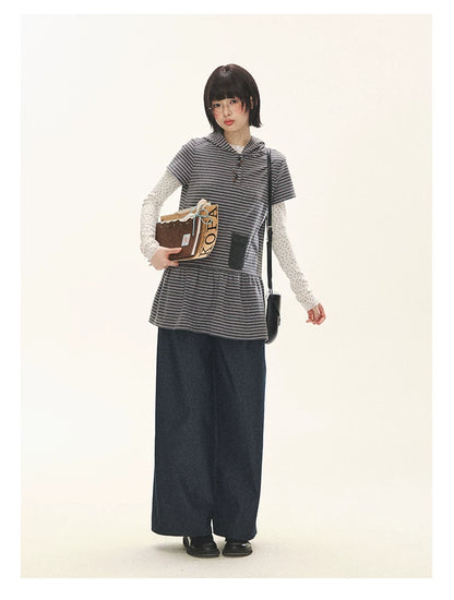"Seoul Diary" Gray & Pink Stripe Hooded Knit Mini Dress