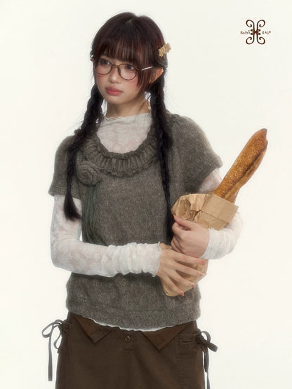 “Hazelnut Mousse” Tea Brown Vintage 3D Floral Ruffle Knit Top
