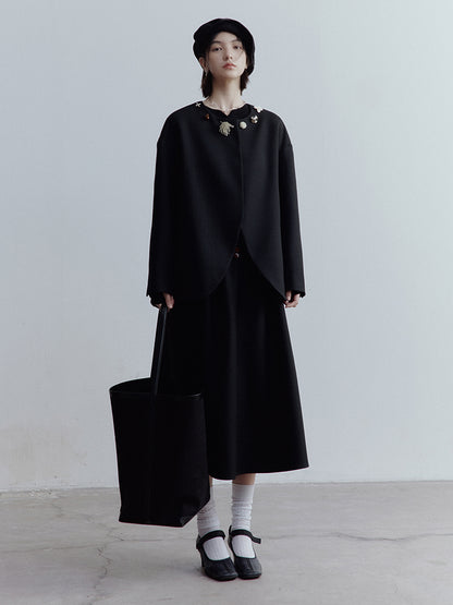 FUSSED Strange Museum Wool Tweed High-Waist A-Line Skirt – Elegant Black FOF-25SS152