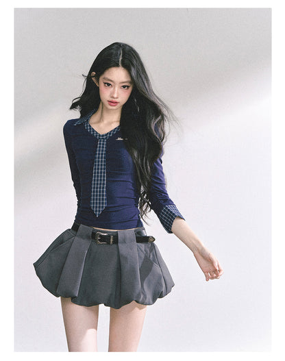 少也眼 "Han Gao Rolecard" Dual-Layer Illusion V-Neck Plaid Waist-Slimming Tee - Navy Blue