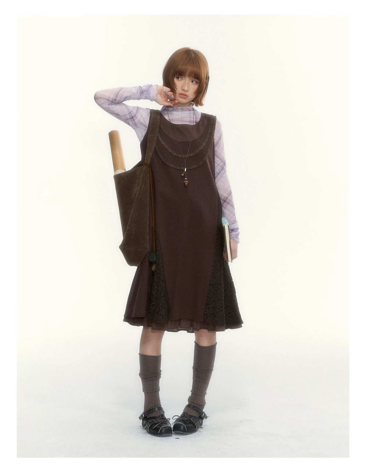 "Caramel Afterglow" Cocoa Brown Lace-Trim A-Line Dress Set with Purple Plaid Layering Top