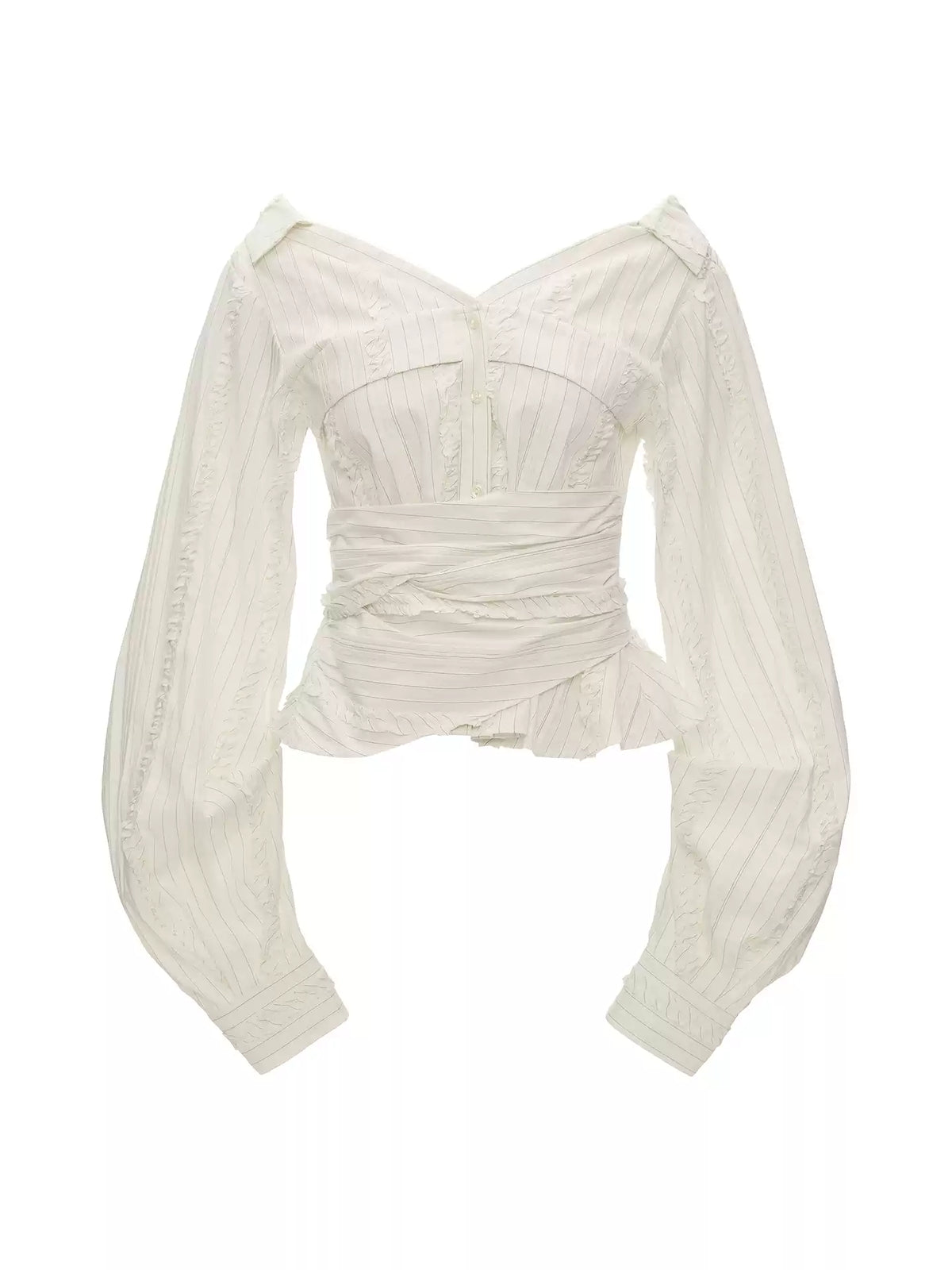 MAMC - White French-Inspired Ruffle Off-Shoulder Waist-Tie Blouse