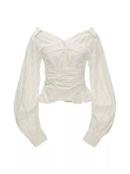 MAMC - White French-Inspired Ruffle Off-Shoulder Waist-Tie Blouse