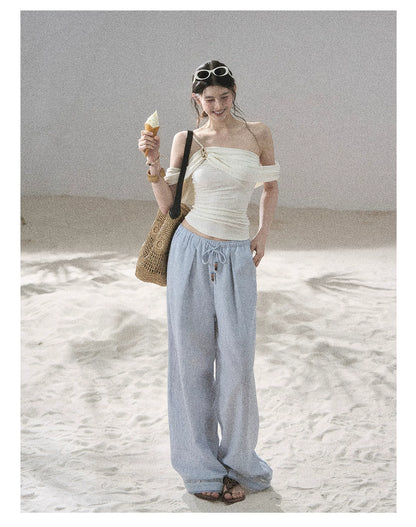 "Follow the Sea Breeze" Lightweight Straight-Leg Wide-Leg Pants (Lotus Pink/ Gray Sage Green/ Gray Blue)