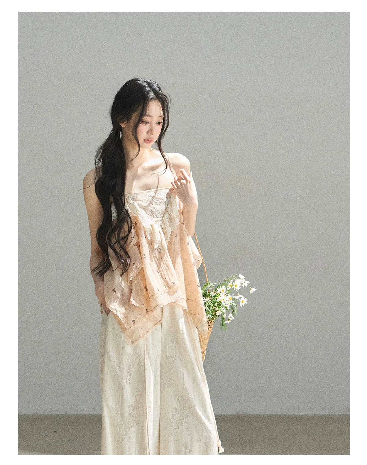 "Orange-Scented Dusk" Toasted Rice Beige Asymmetrical Lace Cami