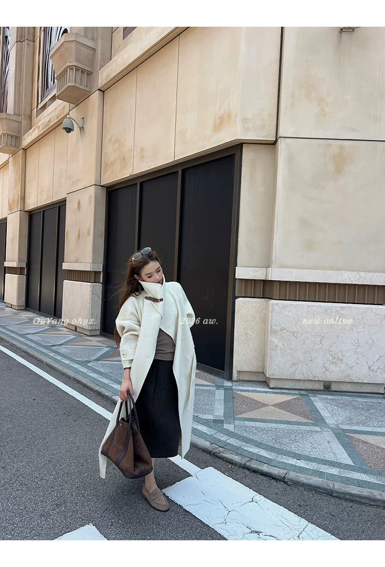 QuQuOuYang - 100% Wool Double-Face Belted Coat with Convertible Collar