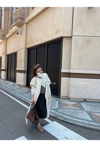 QuQuOuYang - 100% Wool Double-Face Belted Coat with Convertible Collar