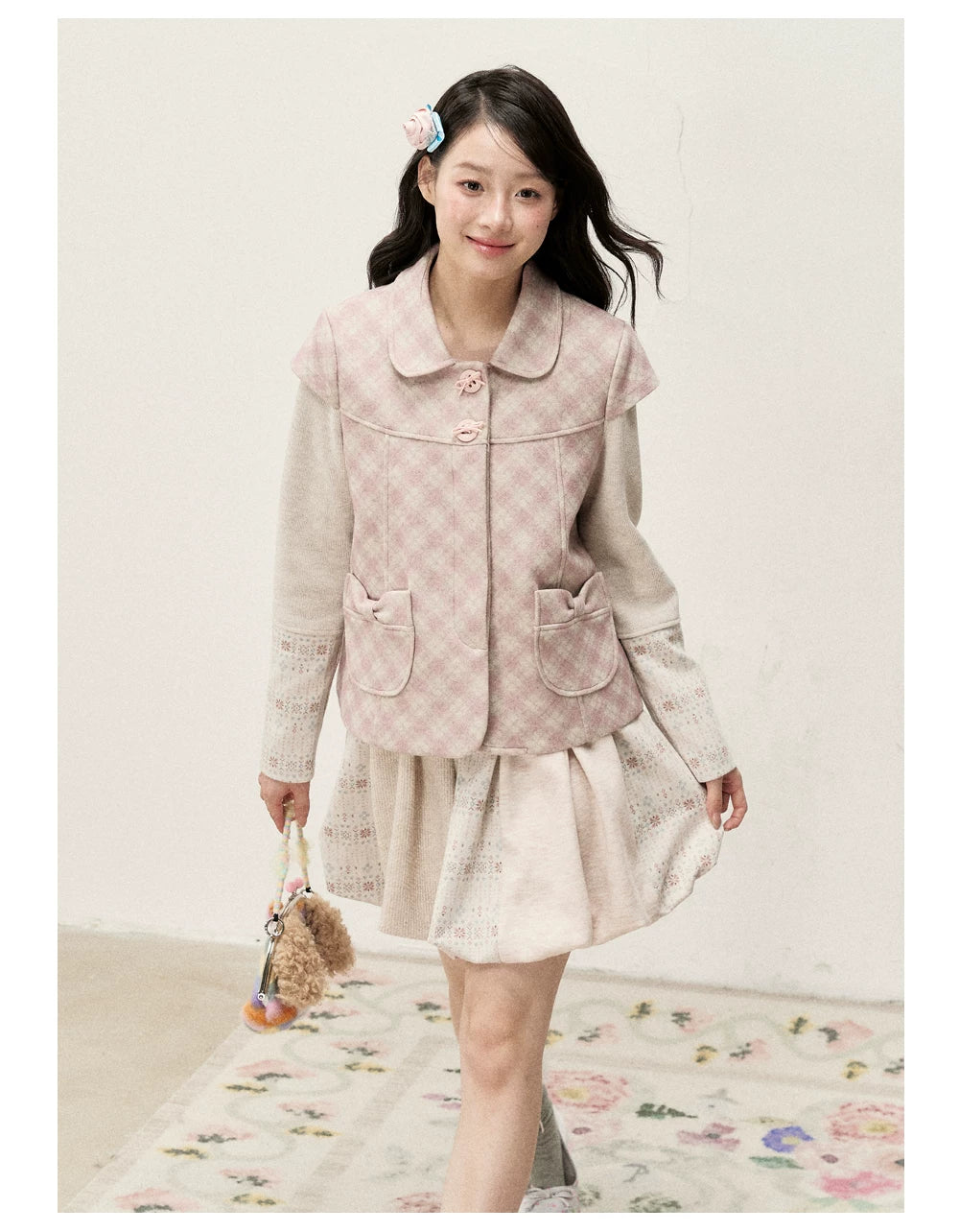 [RF] Vintage Floral Patchwork Knit Bubble Skirt in Blush Pink
