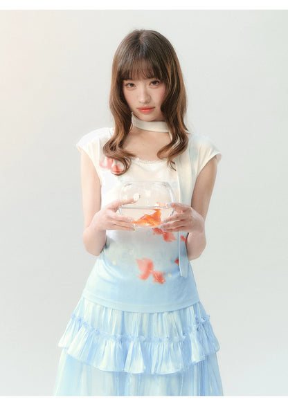 "Koi Garden Letter" White & Blue Goldfish Print Two-Piece Skirt Set LL2026220