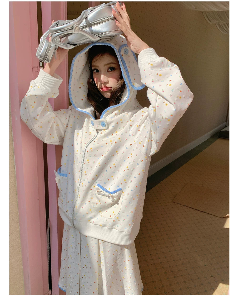 “Snow Bunny Reverie” Ivory Rabbit Ear Hoodie & Floral Pleated Mini Skirt