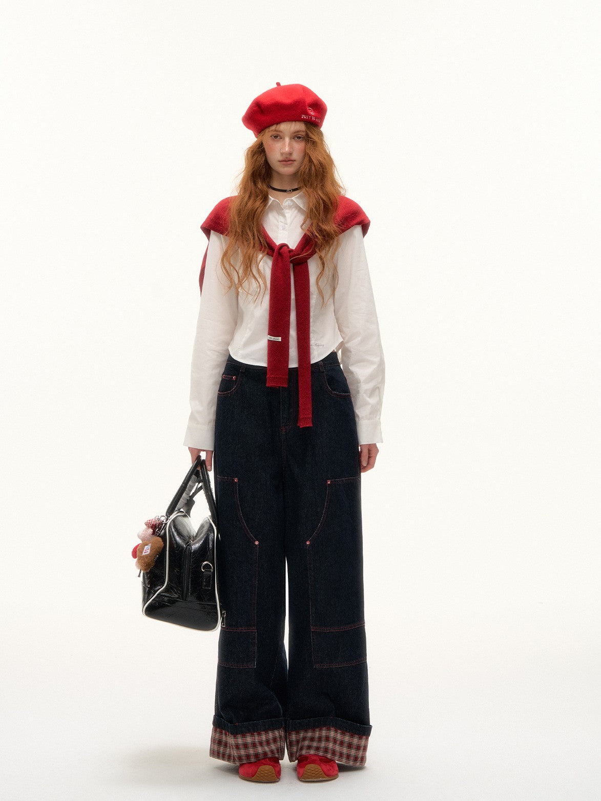 ASGONY - Plaid Cuff Contrast Wide-Leg Raw Denim Jeans (Red Plaid)