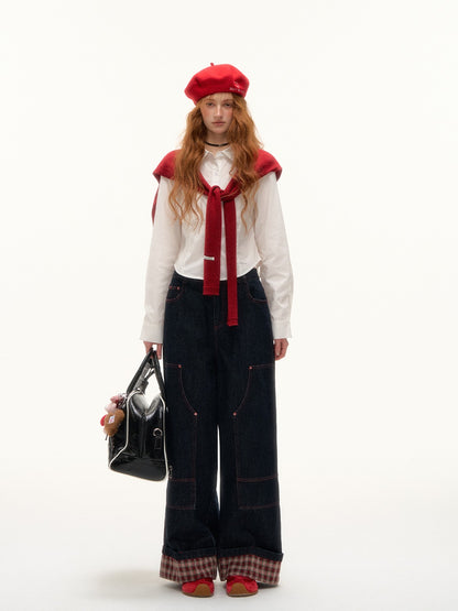 ASGONY - Plaid Cuff Contrast Wide-Leg Raw Denim Jeans (Red Plaid)