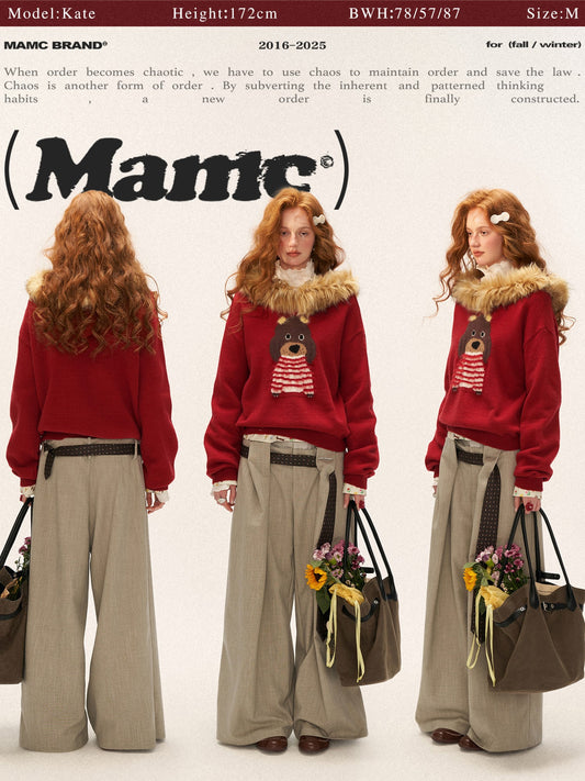 MAMC - Dog Fur-Trim Pullover Hoodie Sweater WE805 - Red