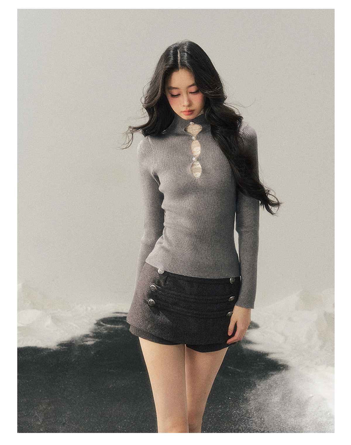 040126 "Lacewoven Dream" Mock Neck Layered Lace Knit Top - High-Intellect Gray