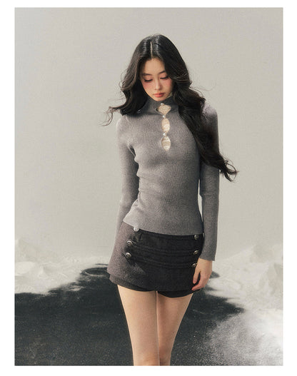 040126 "Lacewoven Dream" Mock Neck Layered Lace Knit Top - High-Intellect Gray