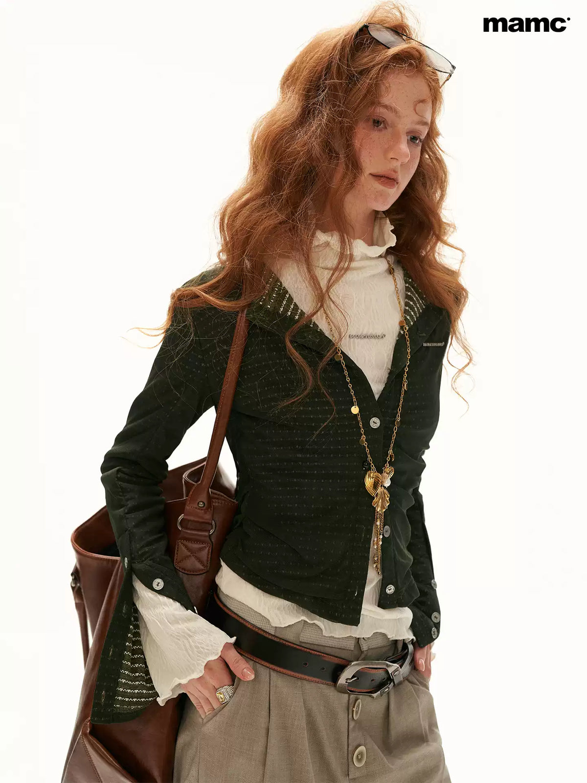MAMC - Green Textured Jacquard Knit Cardigan with Decorative Buttons