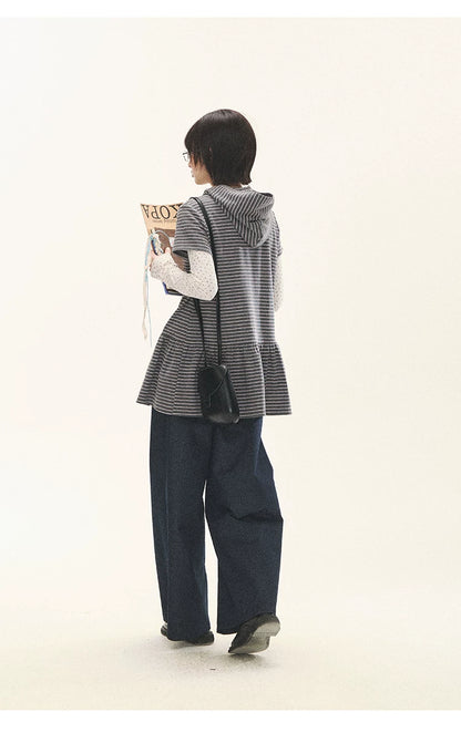 "Seoul Diary" Gray & Pink Stripe Hooded Knit Mini Dress