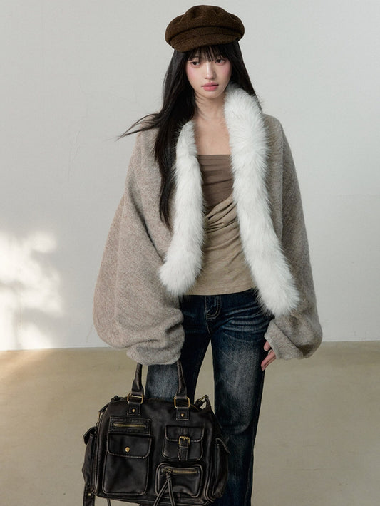Soote Season - Lazy Cocoon Faux Fur Collar Batwing Wool Coat