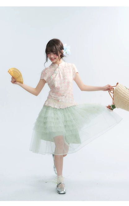 "Lime Mille-Feuille Glow" Peach Mist Chinese-Inspired Short Sleeve Top & Lime Green Tulle Tiered Skirt Set