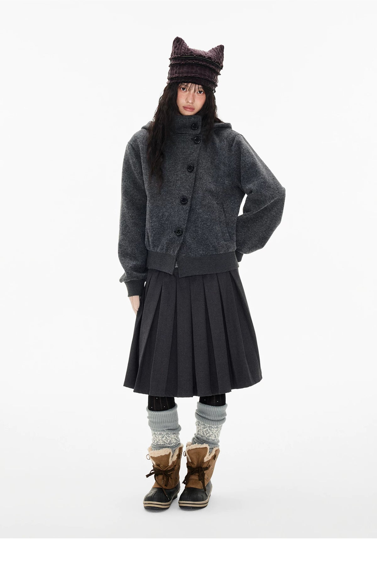 EZEK | Preppy Hooded Wool Blend Jacket with Button Front