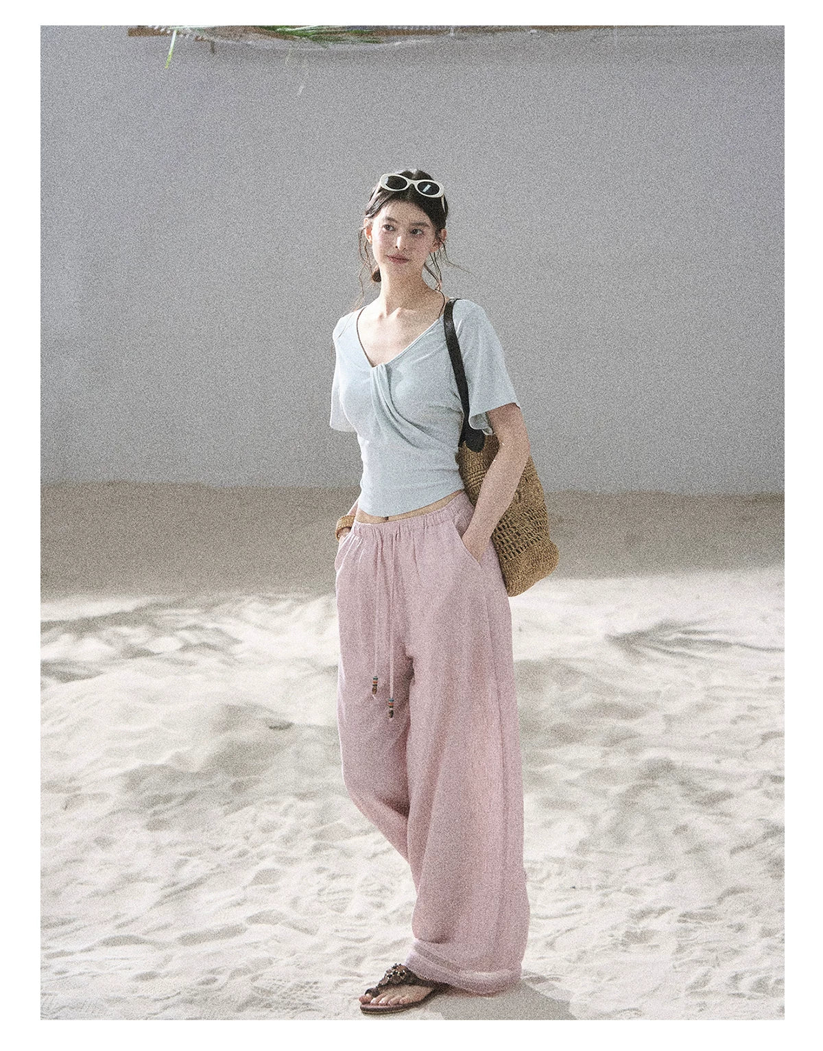 "Moonlight on Water" Twist-Front Cropped T-Shirt (Silver Mink Gray/ Mist Blue)