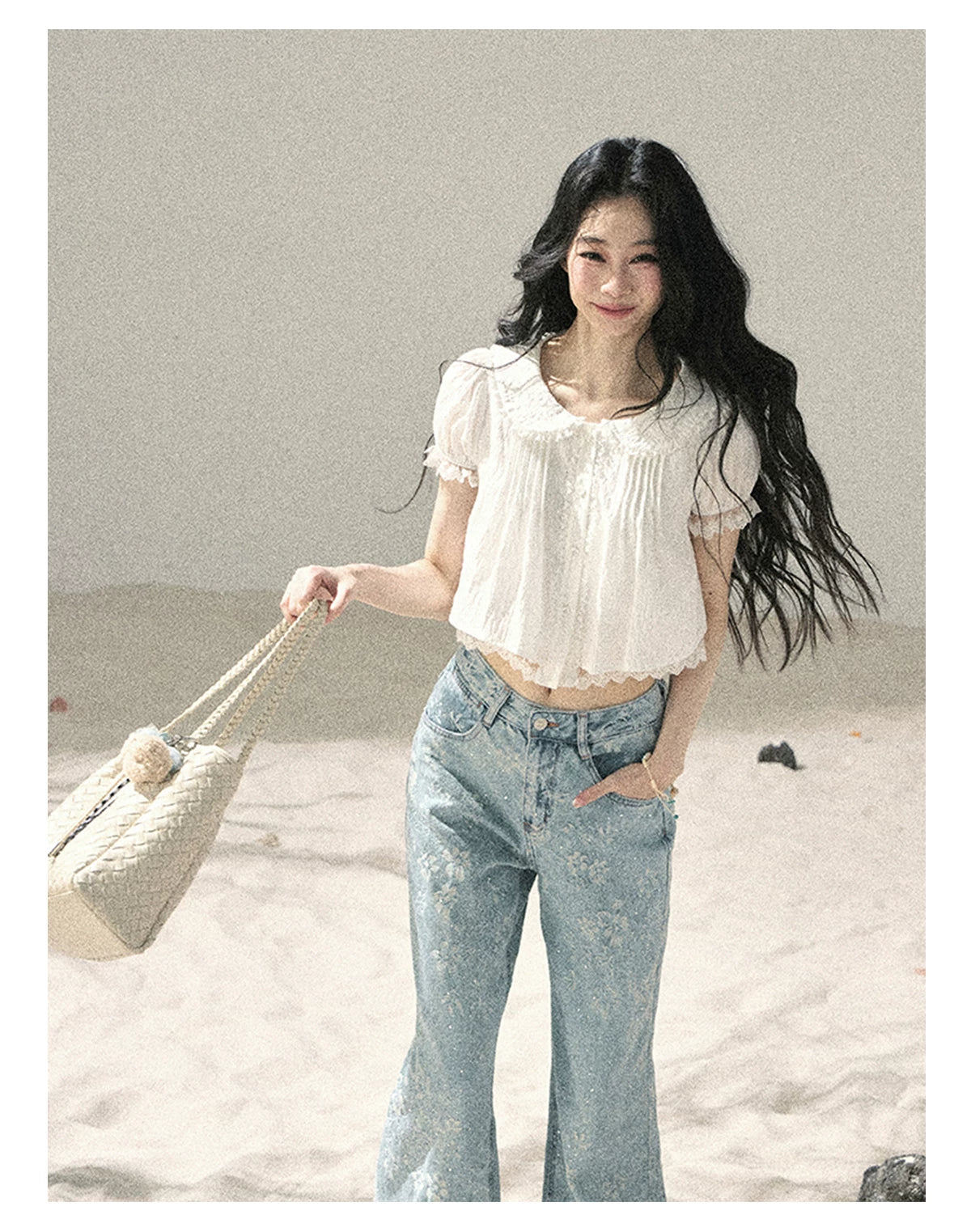 "Speechless Moonlight" Cloud White Lace Puff Sleeve Crop Top 74555