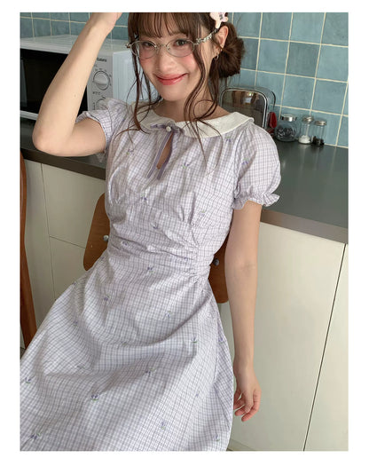 [RF] “Taro Milk Pudding” Purple Plaid Ruffle Midi Dress