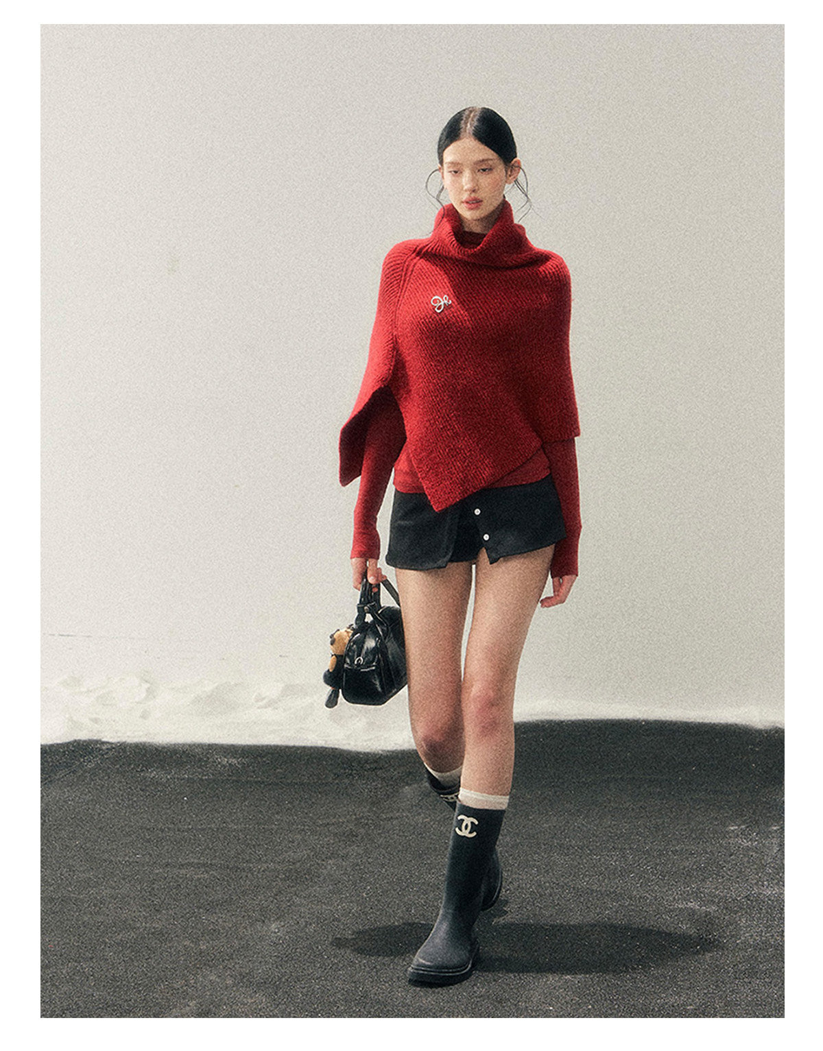 181225 "Late Autumn Ginkgo" Burgundy High-Neck Knit Cape Set