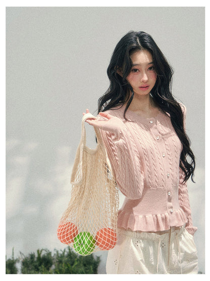 少也眼 “Pearl Whisper” Coral Pink Cable-Knit Ruffle-Hem Cropped Cardigan 626586578