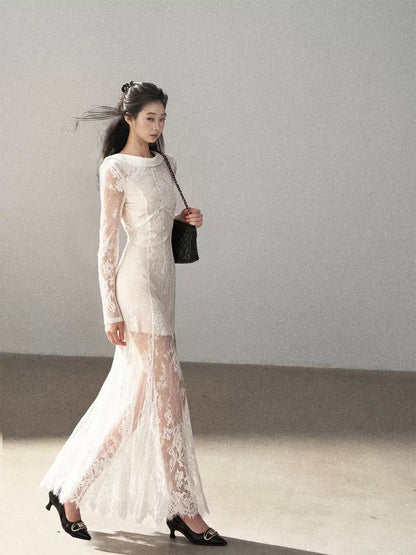 AOMALM - Moonlight White Backless Lace Maxi Dress