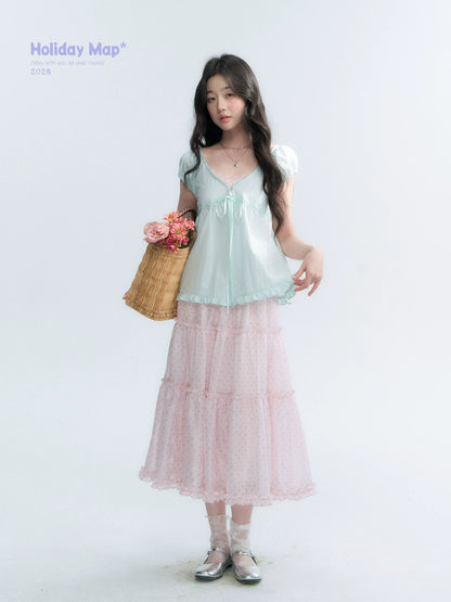 "Bubble Dream" Pink Lavender Polka Dot Tiered Midi Skirt