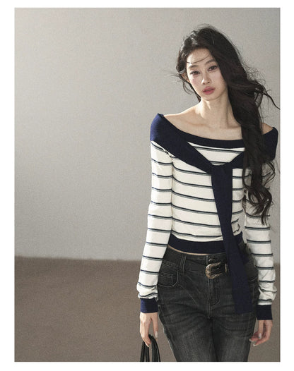 AOMALM - Ivory Stripe Faux-Layered Knit Top with Shoulder Ties