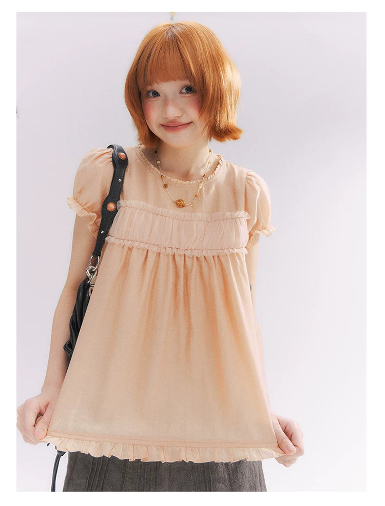 “Orange Soda” Seashell Orange Mesh Panel Puff Sleeve Top