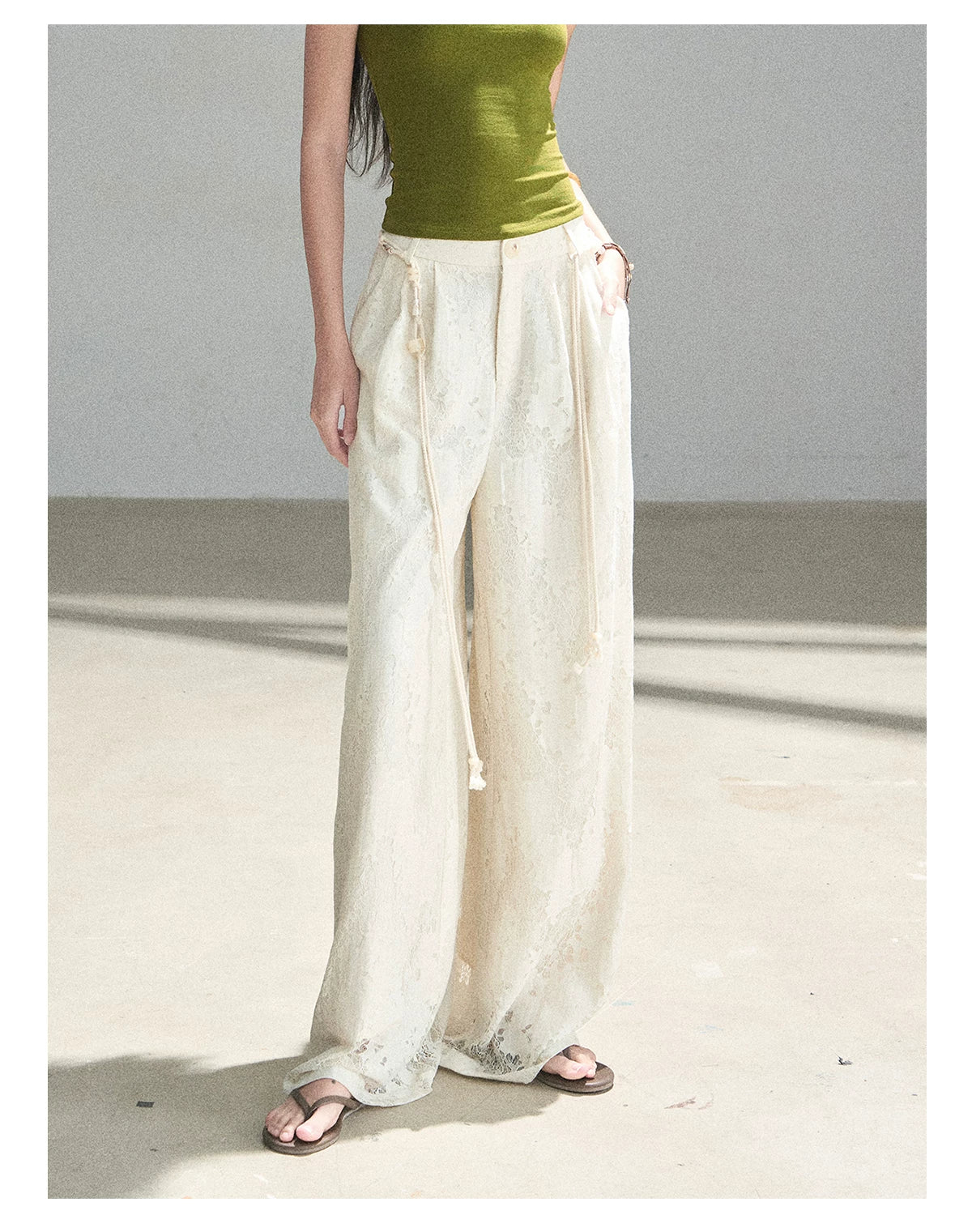 "A Love Letter to Sunlight" Dutch Cream Lace Wide-Leg Pants (With Matching Waist Rope)