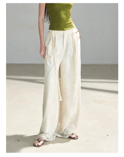 "A Love Letter to Sunlight" Dutch Cream Lace Wide-Leg Pants (With Matching Waist Rope)