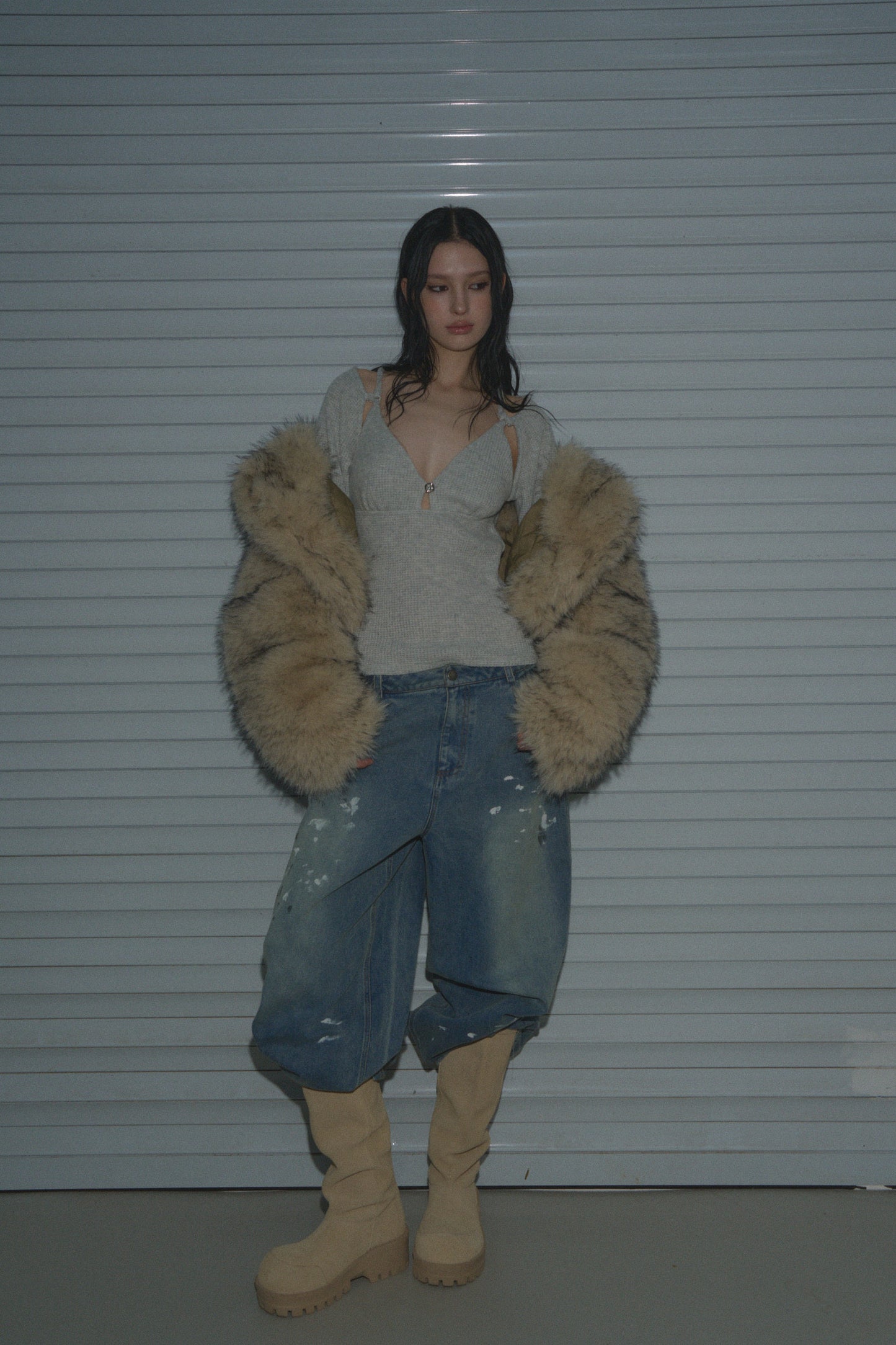 Muirgen - Y2K Tipped Faux Camel Hair Shawl Cropped Jacket