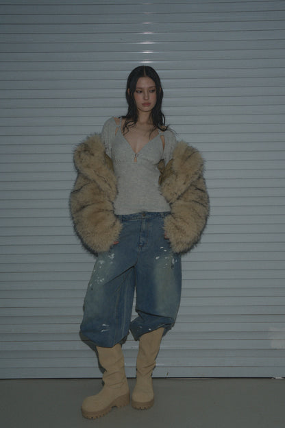 Muirgen - Y2K Tipped Faux Camel Hair Shawl Cropped Jacket