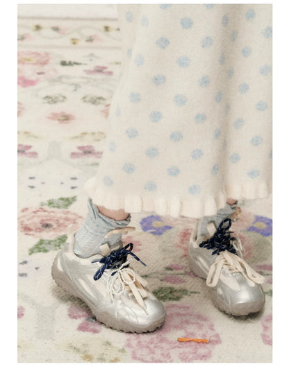 [RF] Ice Blue Polka Dot Knit Cardigan & Midi Skirt Set