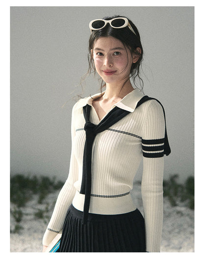“Delhi Academy” Ivory Polo Knit Set with Midnight Black Scarf
